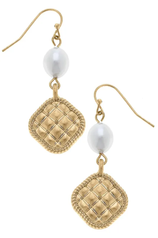 Andee Pearl & Quilted Metal Diamond Drop Earrings in Worn Gold sold by Canvas Style
