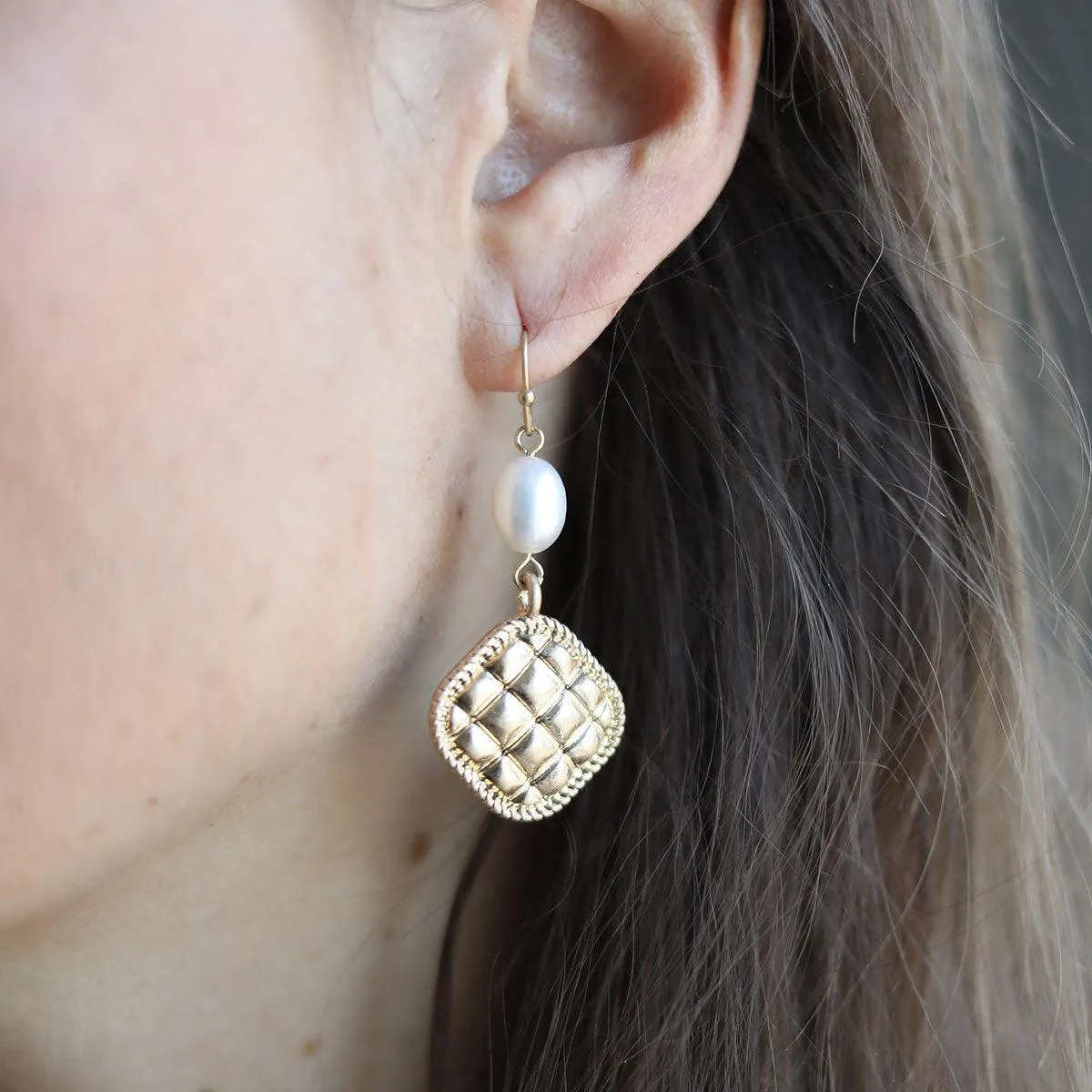 Andee Pearl & Quilted Metal Diamond Drop Earrings in Worn Gold sold by Canvas Style product image thumbnail 2