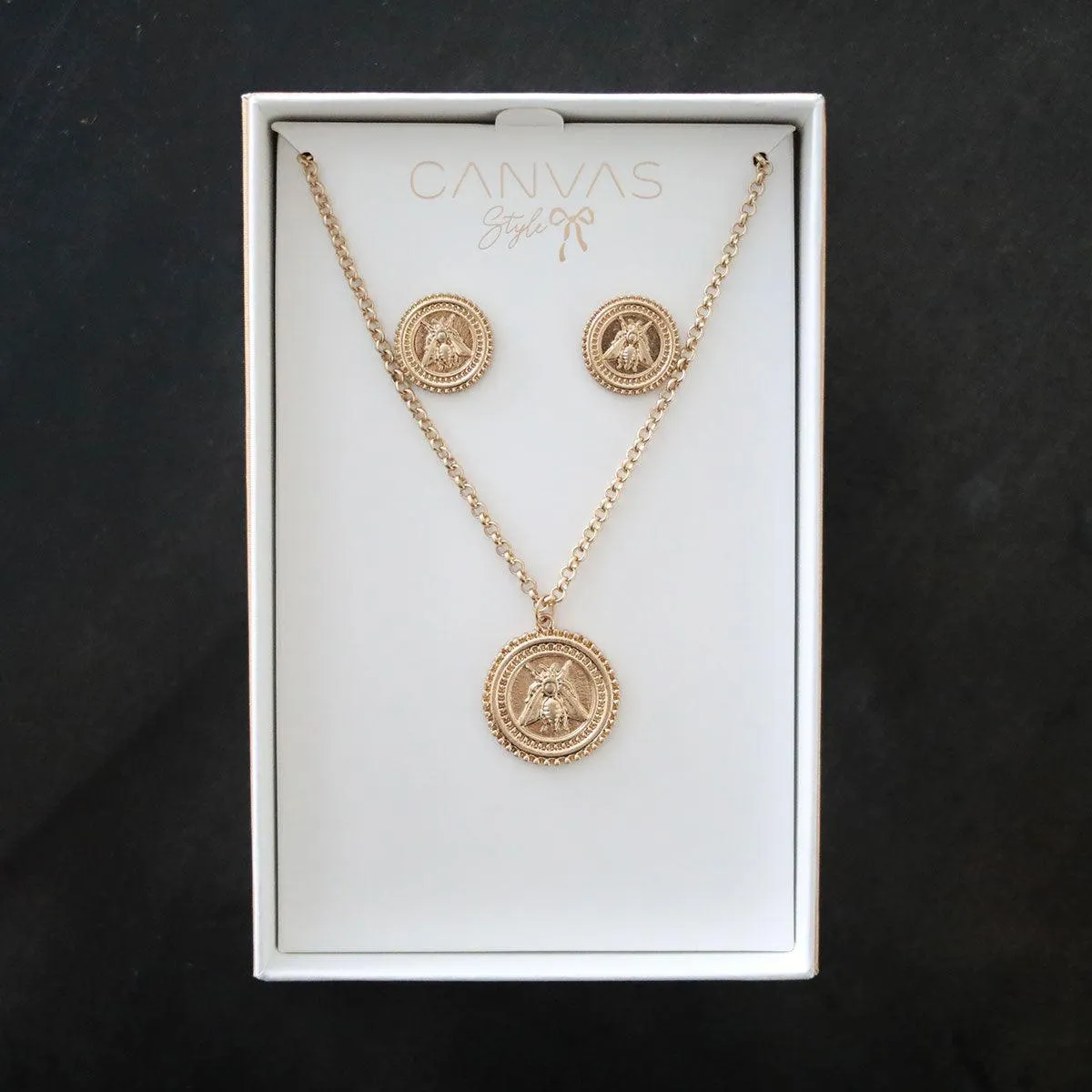Lizette Bee Medallion Earring and Necklace Set in Worn Gold - FINAL SALE sold by Canvas Style product image thumbnail 2