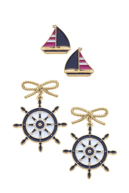 Penny Pink Sailboat Stud and Bobbie Navy Ship's Wheel Earring Set sold by Canvas Style