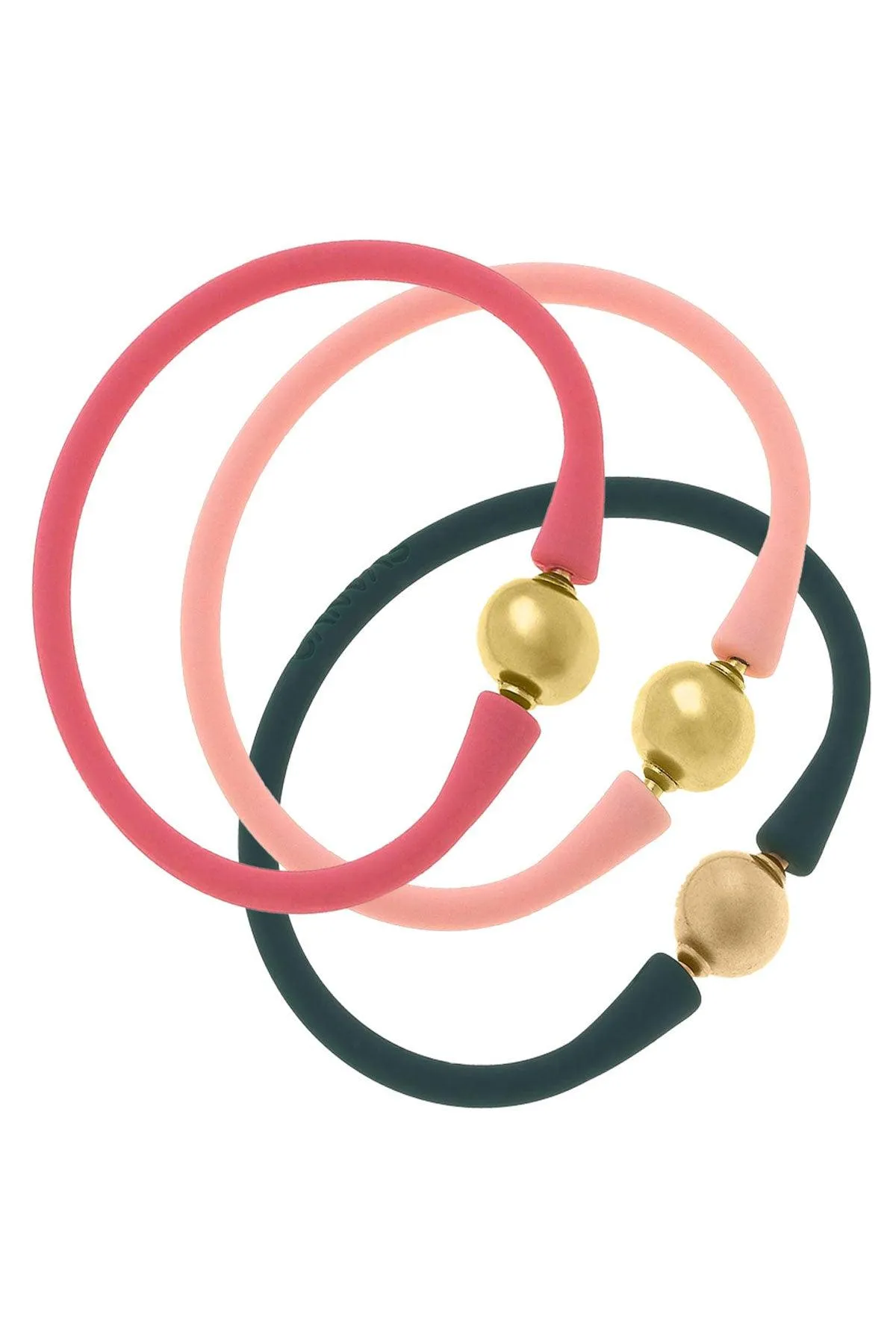 Bali 24K Gold Silicone Bracelet Holiday Stack of 3 in Pink, Light Pink & Hunter Green - FINAL SALE sold by Canvas Style