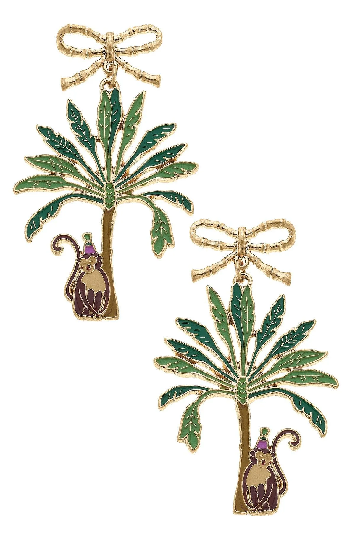 Henley Enamel Monkey with Palm Tree Earrings in Green & Brown sold by Canvas Style