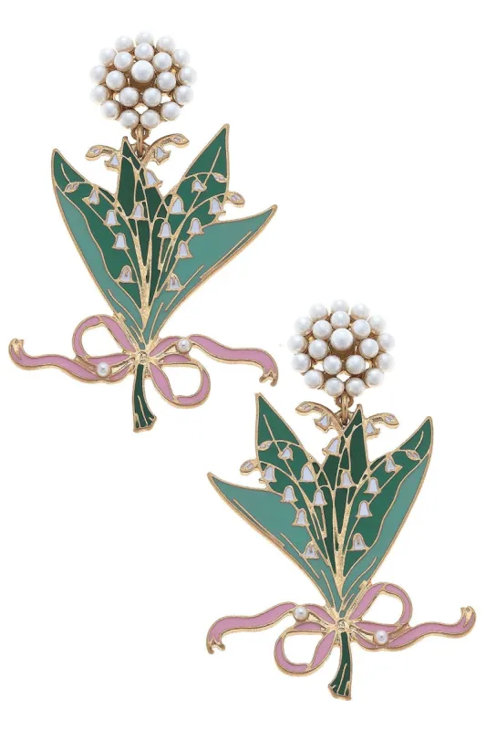 Lily of the Valley Enamel Bouquet Earrings in Green & Pink sold by Canvas Style