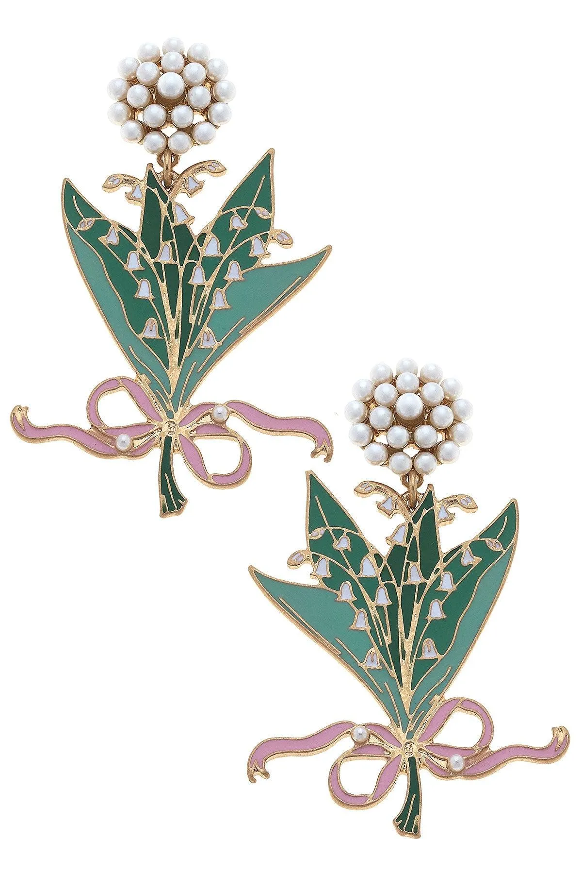 Lily of the Valley Enamel Bouquet Earrings in Green & Pink sold by Canvas Style