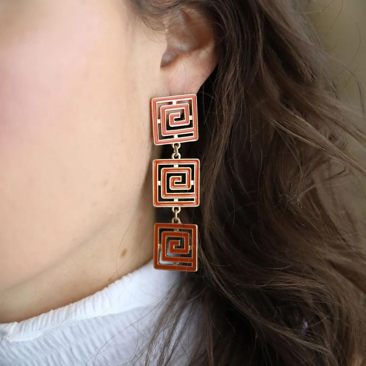 Gretchen Game Day Greek Keys Linked Enamel Earrings in Burnt Orange sold by Canvas Style product image thumbnail 2