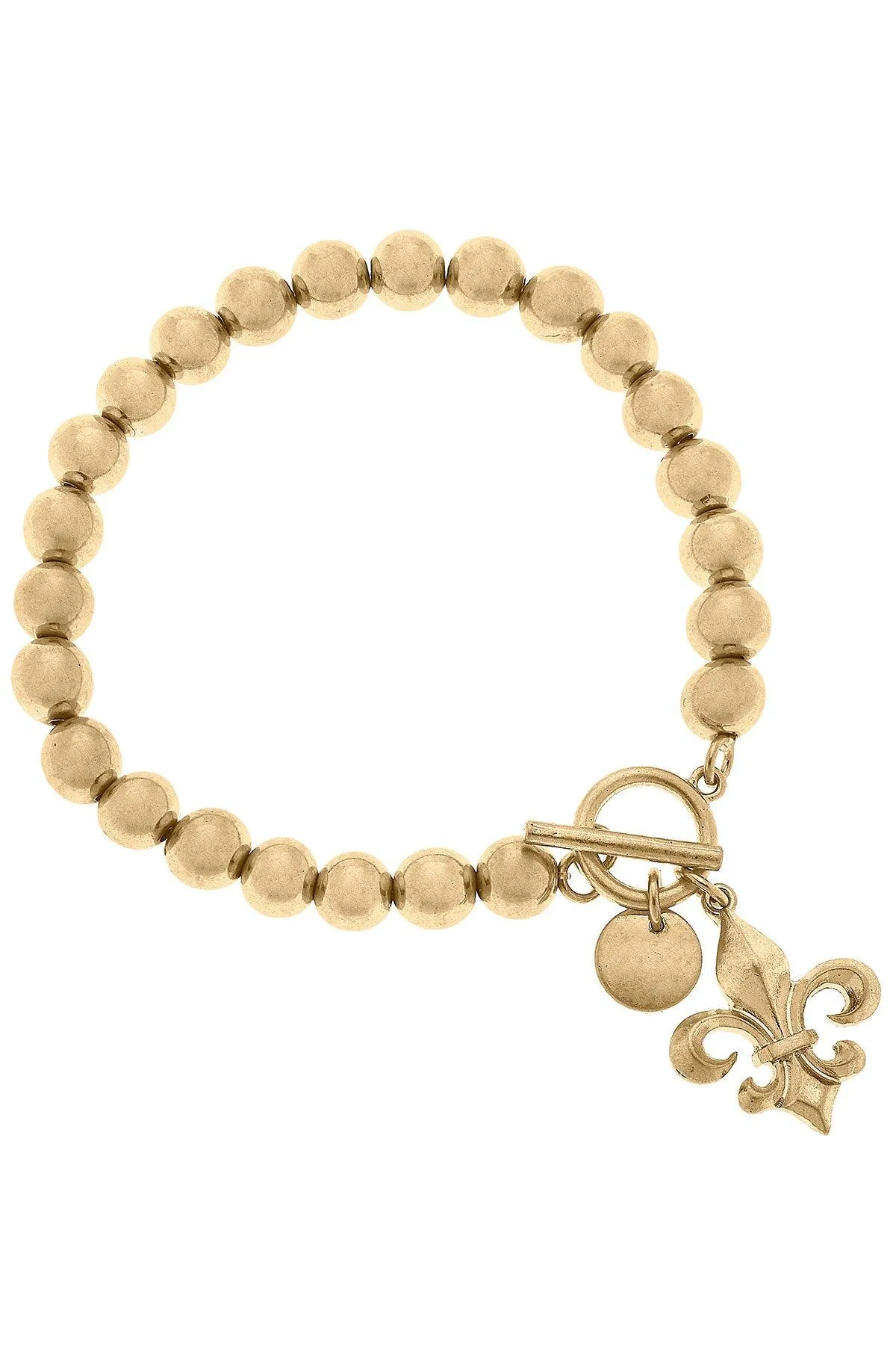 Lourdes Bourbon Fleur de Lis Charm Ball Bead T-Bar Bracelet in Worn Gold - FINAL SALE sold by Canvas Style