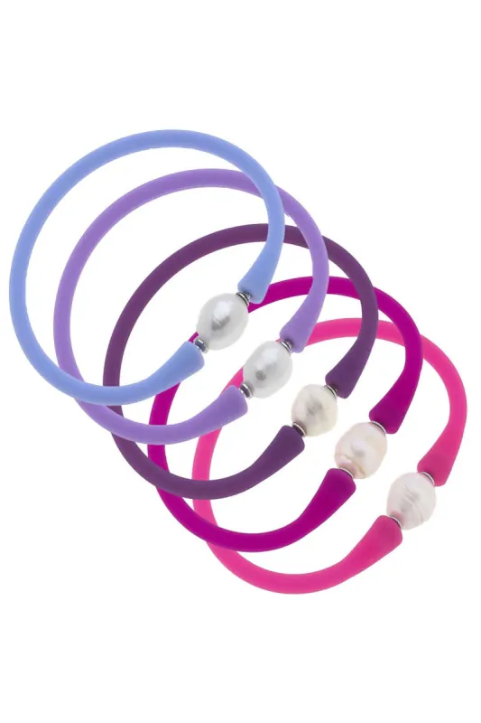 Bali Freshwater Pearl Silicone Bracelet Stack of 5 in Lilac, Lavender, Purple, Magenta & Fuchsia - FINAL SALE sold by Canvas Style