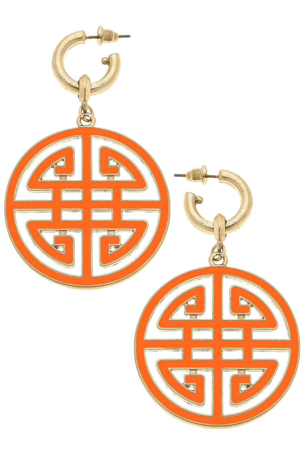 Jenson Game Day Greek Keys Enamel Statement Earrings in Orange sold by Canvas Style