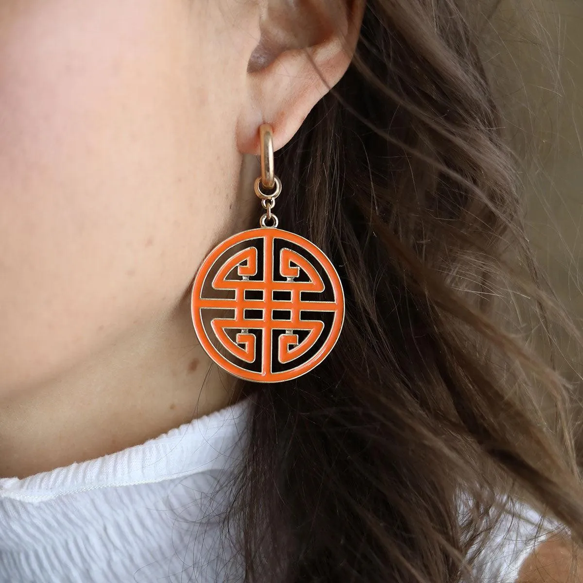Jenson Game Day Greek Keys Enamel Statement Earrings in Orange sold by Canvas Style product image thumbnail 2