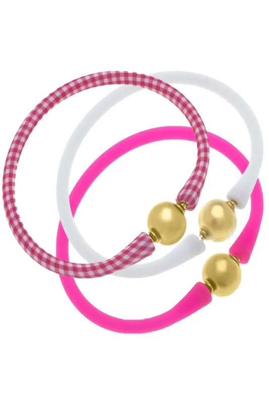 Bali 24K Gold Silicone Bracelet Stack of 3 in Gingham Pink, White & Fuchsia sold by Canvas Style