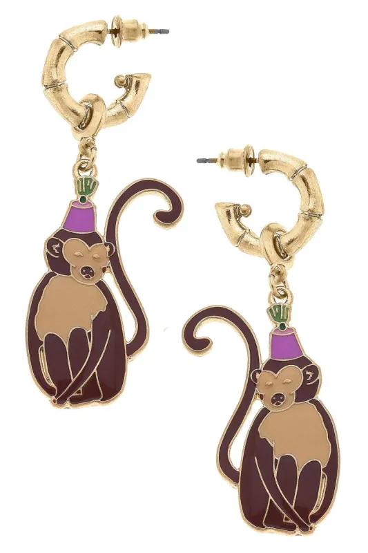 Flora Enamel Monkey Earrings in Brown & Pink sold by Canvas Style