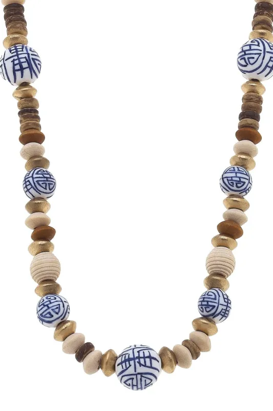 Mallory Blue & White Chinoiserie & Painted Wood Necklace in Ivory sold by Canvas Style