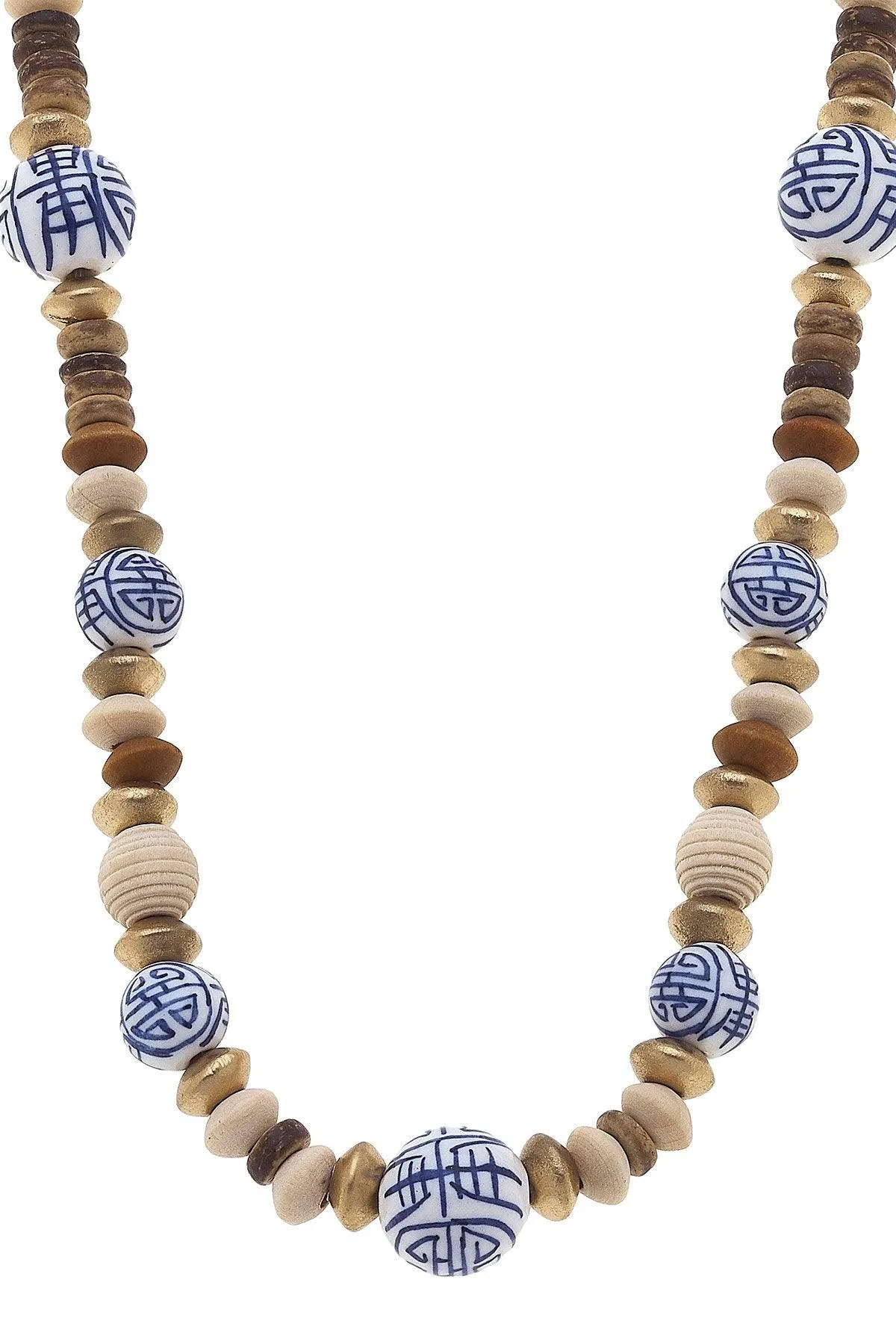 Mallory Blue & White Chinoiserie & Painted Wood Necklace in Ivory sold by Canvas Style