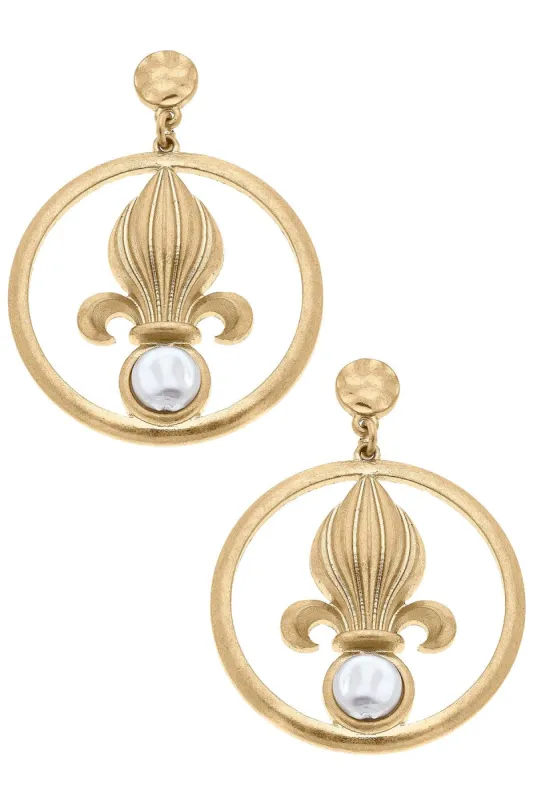 Acadia Fleur de Lis & Pearl Drop Earrings in Worn Gold sold by Canvas Style