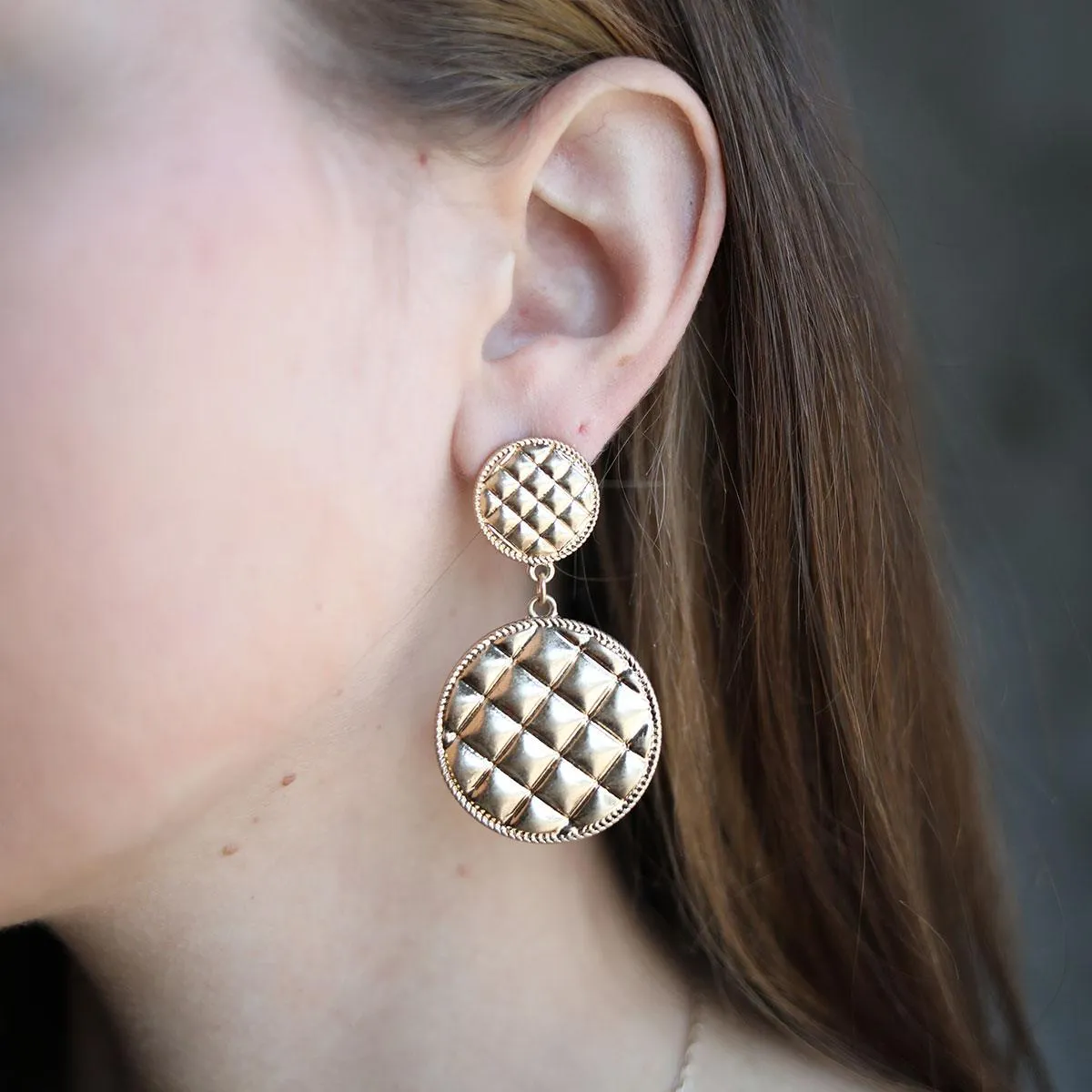 Christine Quilted Metal Round Drop Earrings in Worn Gold sold by Canvas Style product image thumbnail 3