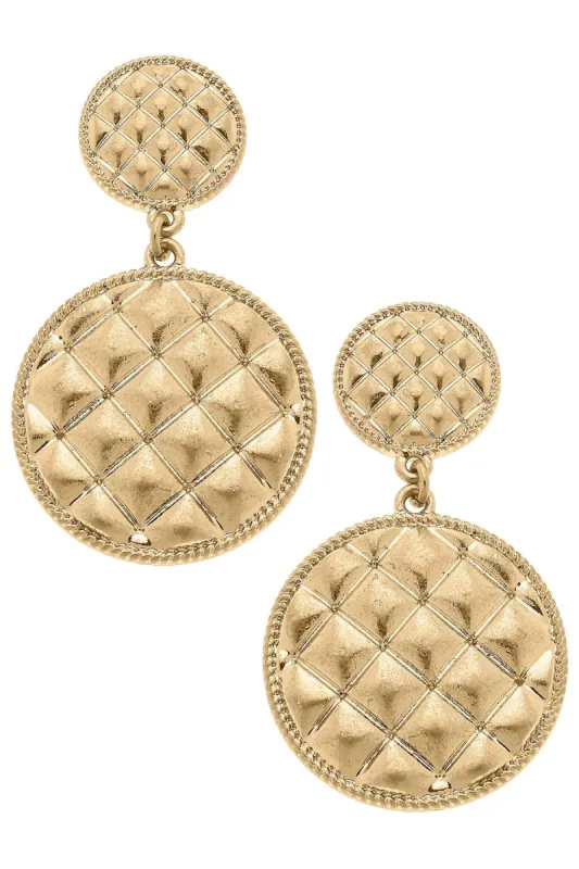 Christine Quilted Metal Round Drop Earrings in Worn Gold sold by Canvas Style
