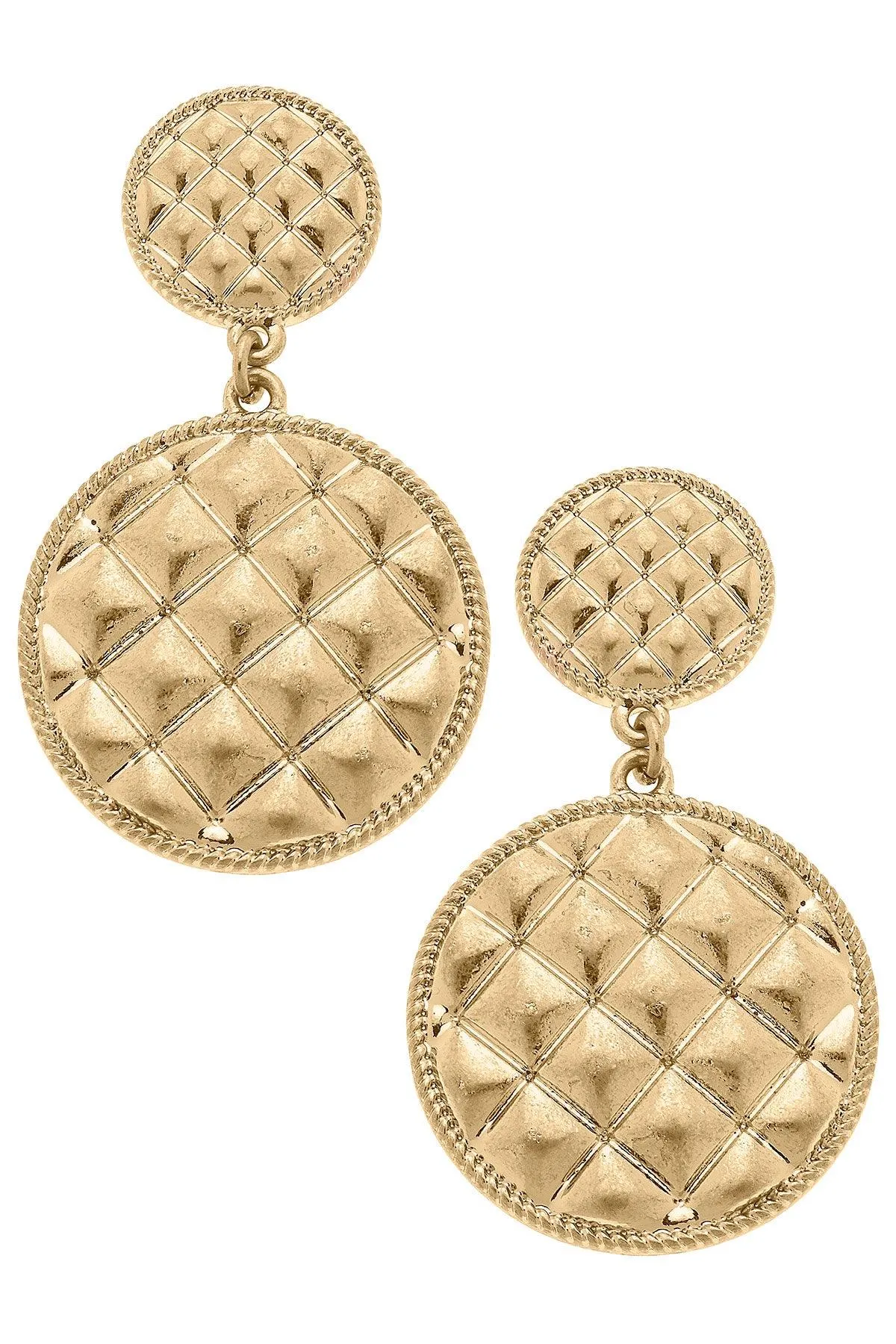 Christine Quilted Metal Round Drop Earrings in Worn Gold sold by Canvas Style