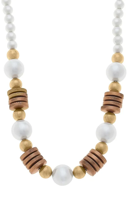 Kalilah Pearl, Wood & Gold Bead Necklace in Ivory - FINAL SALE sold by Canvas Style