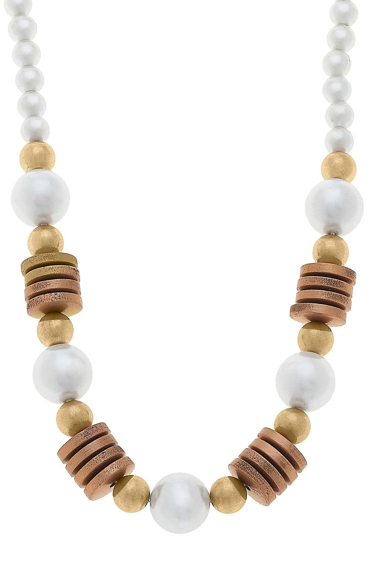Kalilah Pearl, Wood & Gold Bead Necklace in Ivory - FINAL SALE sold by Canvas Style