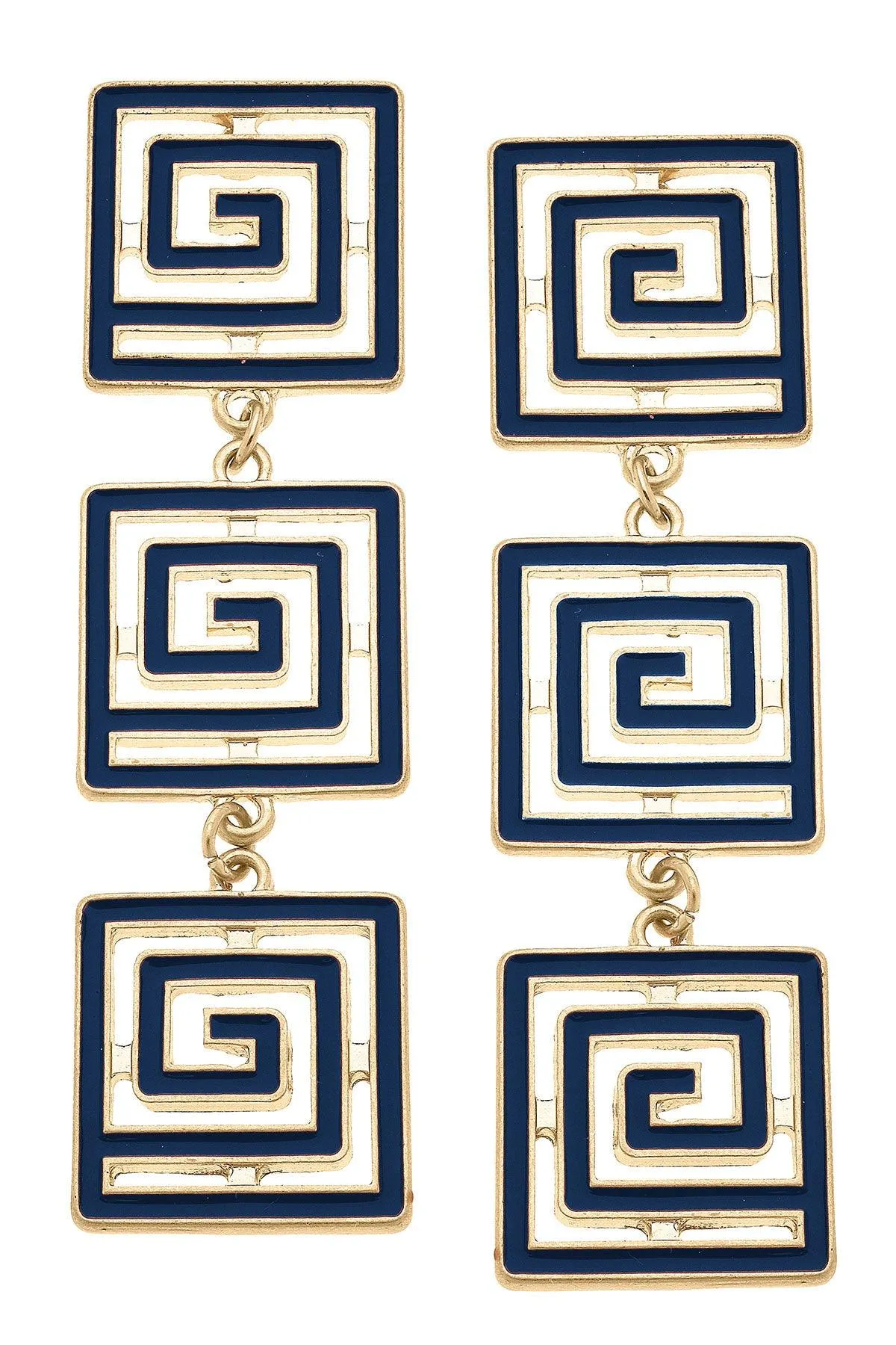 Gretchen Game Day Greek Keys Linked Enamel Earrings in Navy sold by Canvas Style