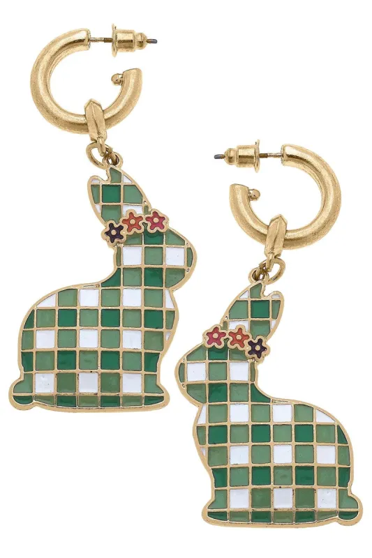 Stella Enamel Gingham Bunny Earrings in Green & White - FINAL SALE sold by Canvas Style