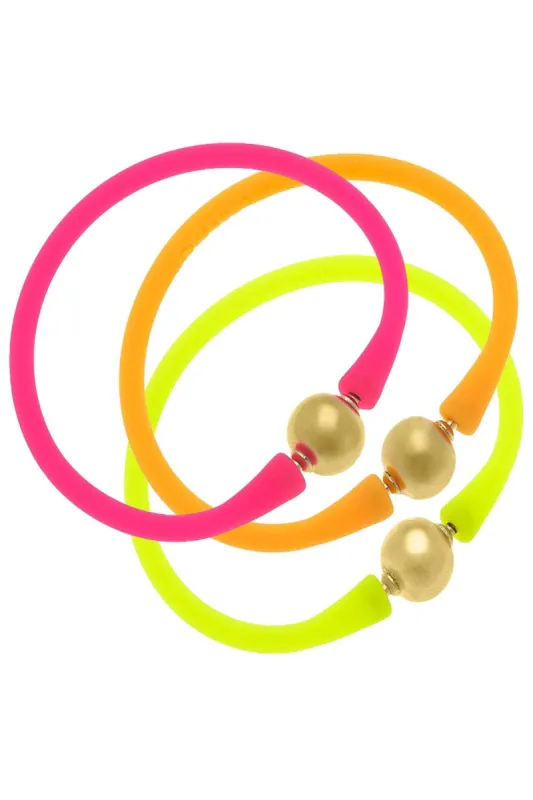 Bali 24K Gold Silicone Bracelet Stack of 3 in Neon Pink, Neon Orange & Neon Yellow - FINAL SALE sold by Canvas Style