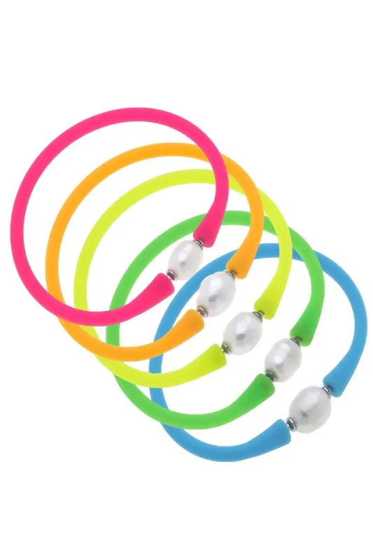 Bali Freshwater Pearl Silicone Bracelet Stack of 5 in Neon Pink, Neon Orange, Neon Yellow, Neon Green & Aqua - FINAL SALE sold by Canvas Style