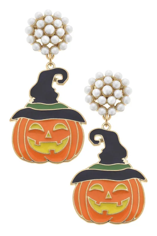 Halloween Enamel Jack O'Lantern Witch Hat Earrings in Orange and Black sold by Canvas Style