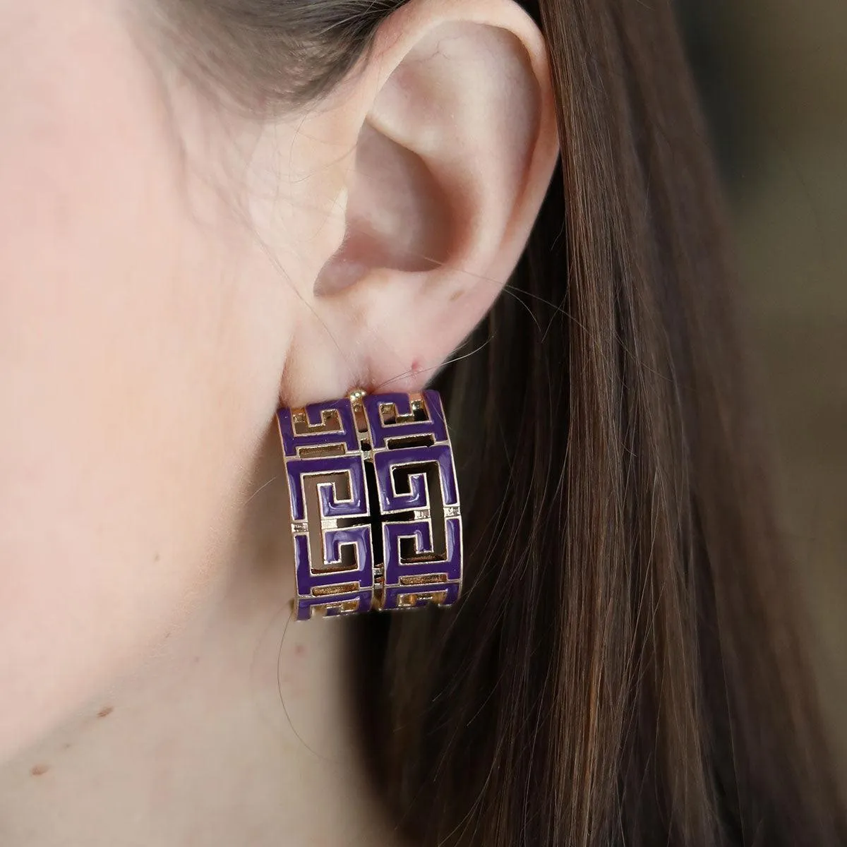 Brennan Game Day Greek Keys Enamel Hoop Earrings in Purple sold by Canvas Style product image thumbnail 2