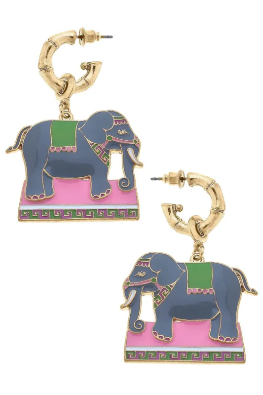 Helen Enamel Elephant Earrings in Pink & Green sold by Canvas Style