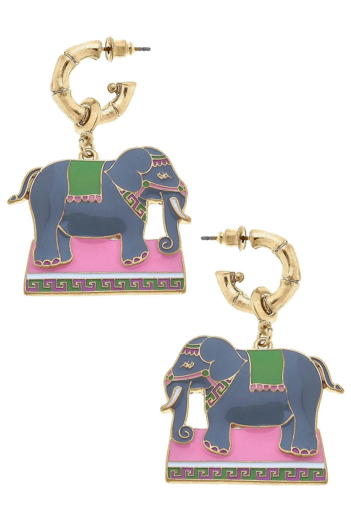 Helen Enamel Elephant Earrings in Pink & Green sold by Canvas Style