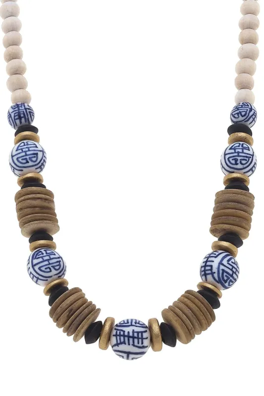 Winslow Blue & White Chinoiserie & Wood Necklace - FINAL SALE sold by Canvas Style