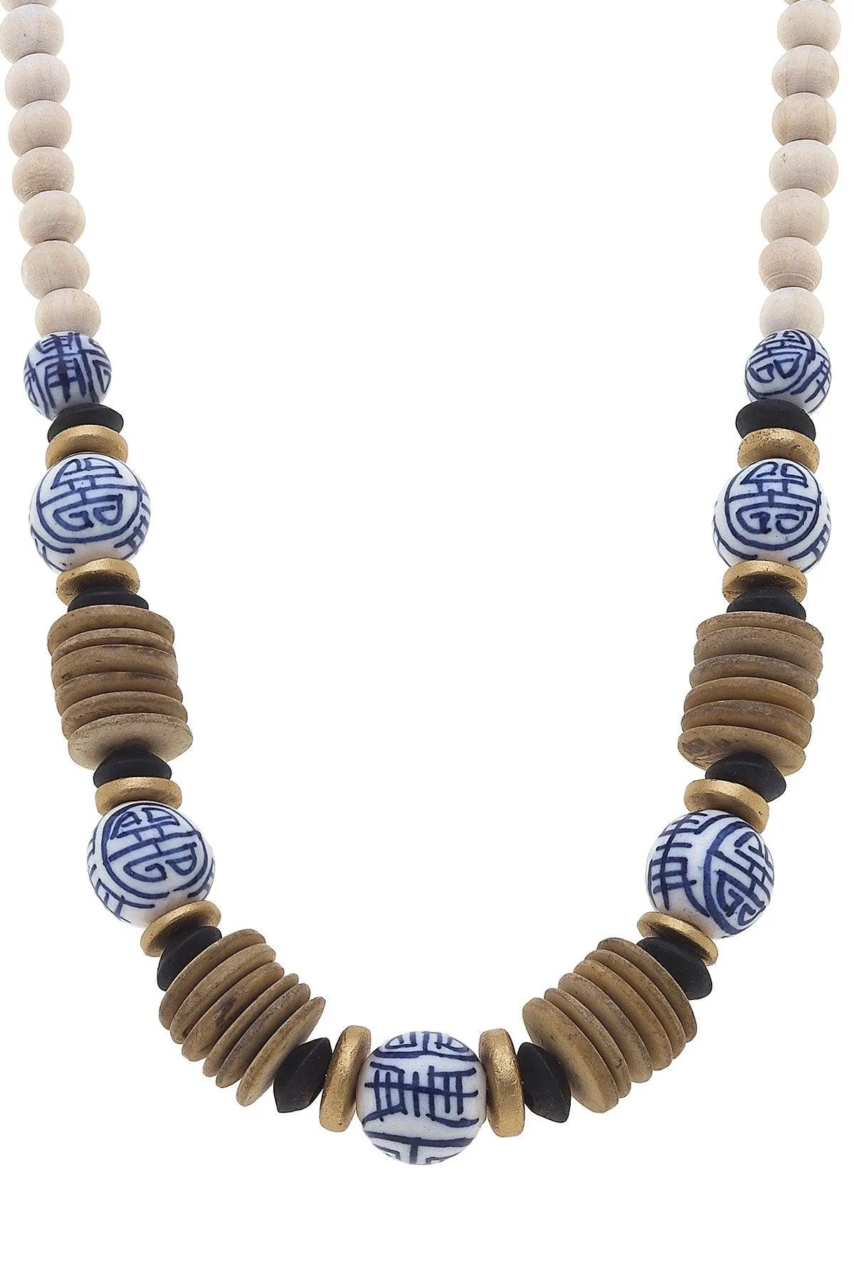 Winslow Blue & White Chinoiserie & Wood Necklace - FINAL SALE sold by Canvas Style