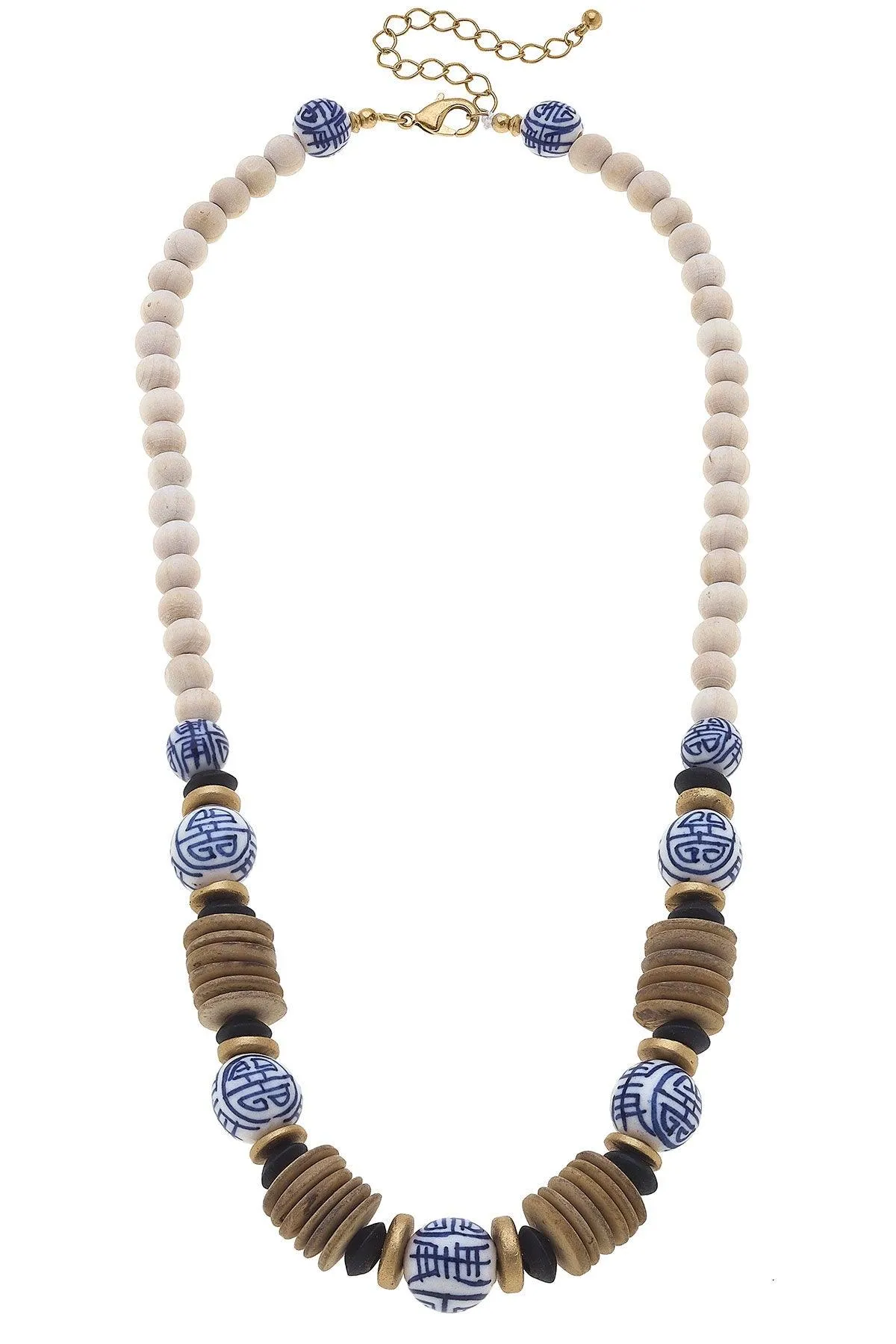 Winslow Blue & White Chinoiserie & Wood Necklace - FINAL SALE sold by Canvas Style product image thumbnail 2