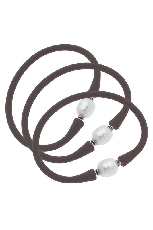 Bali Freshwater Pearl Silicone Bracelet Set of 3 in Chocolate Brown - FINAL SALE sold by Canvas Style
