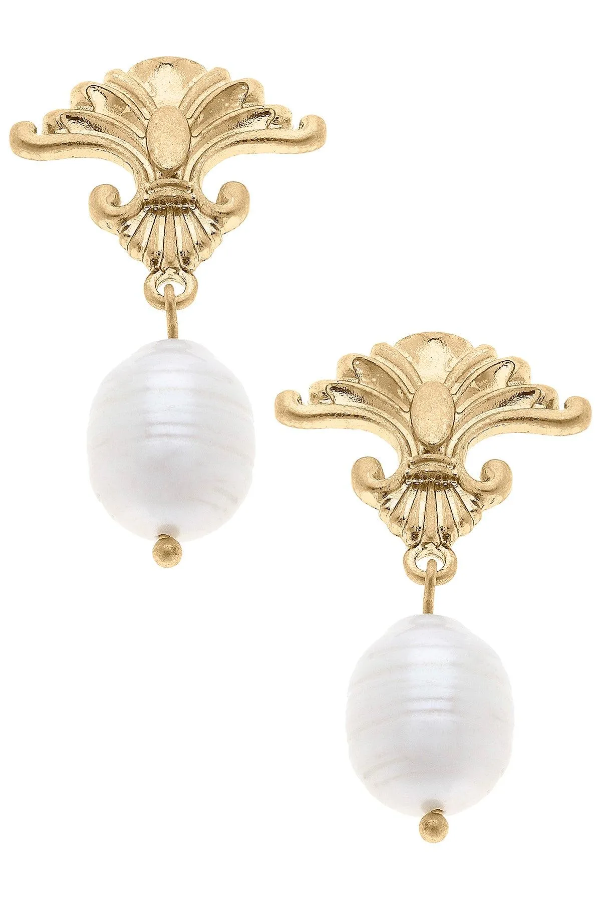 Bardot Fleur de Lis & Pearl Drop Earrings in Worn Gold sold by Canvas Style