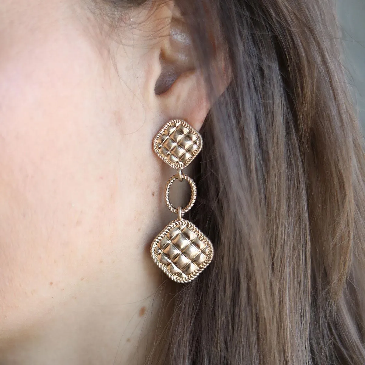 Ennis Quilted Metal Diamond Drop Earrings in Worn Gold sold by Canvas Style product image thumbnail 2