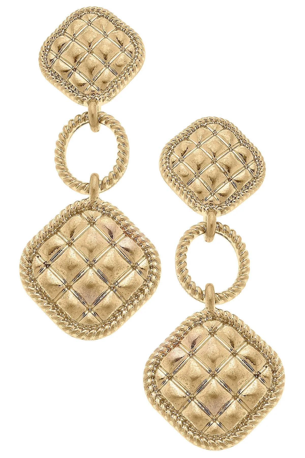 Ennis Quilted Metal Diamond Drop Earrings in Worn Gold sold by Canvas Style