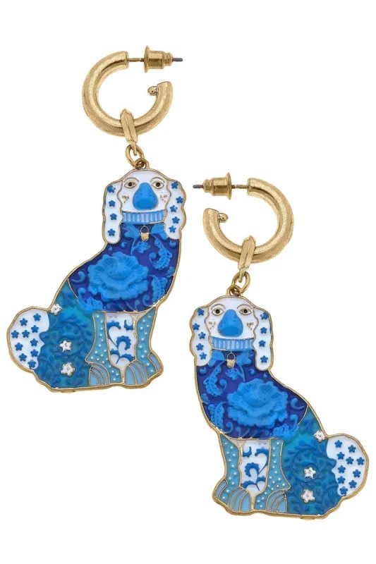 Lacey Enamel Staffordshire Dog Earrings in Blue & White sold by Canvas Style