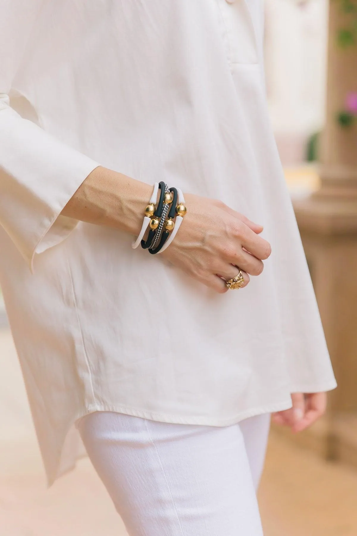 Bali 24K Gold Plated Ball Bead Silicone Bracelet in Black Gingham - FINAL SALE sold by Canvas Style product image thumbnail 2