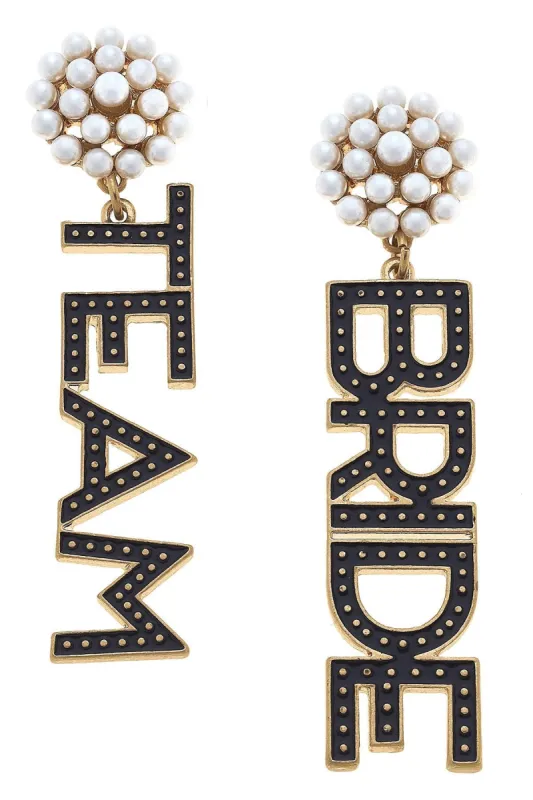 Team Bride Enamel & Pearl Cluster Drop Earrings in Black sold by Canvas Style