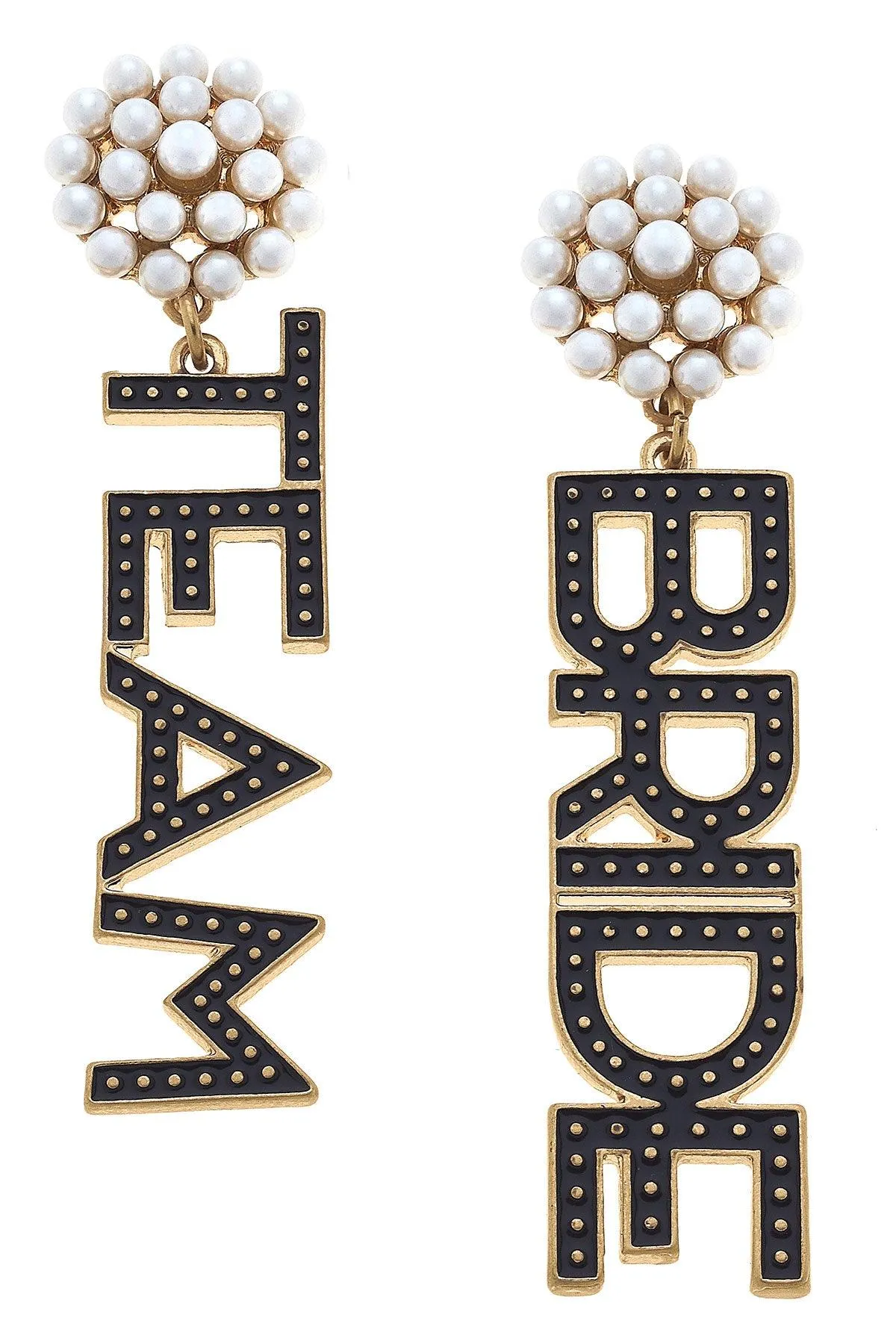 Team Bride Enamel & Pearl Cluster Drop Earrings in Black sold by Canvas Style