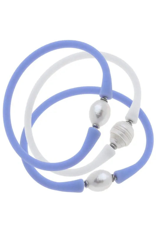 Bali Freshwater Pearl Silicone Bracelet Stack of 3 in Lilac & White sold by Canvas Style