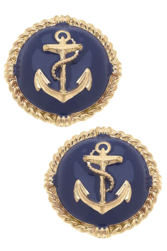 Kathleen Enamel Anchor Statement Stud Earrings in Navy sold by Canvas Style