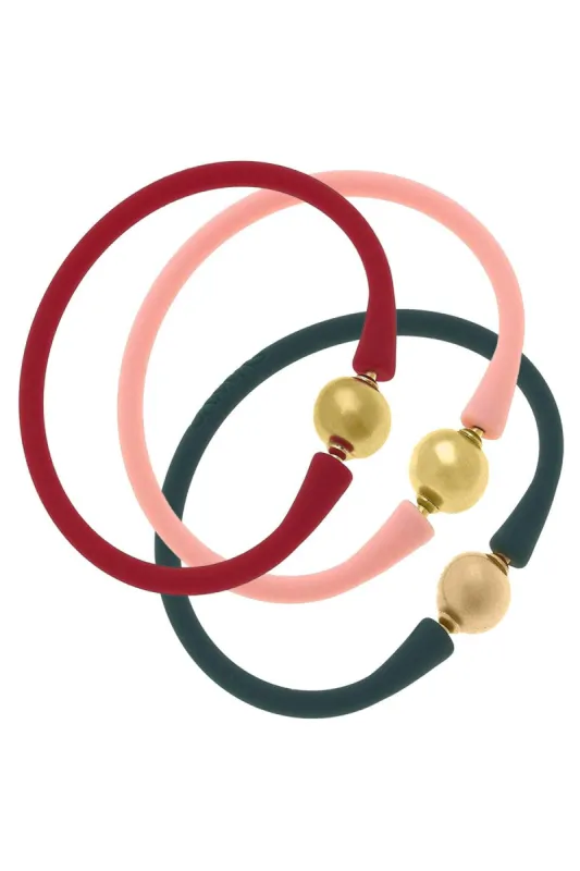 Bali 24K Gold Silicone Bracelet Holiday Stack of 3 in Red, Light Pink & Hunter Green sold by Canvas Style