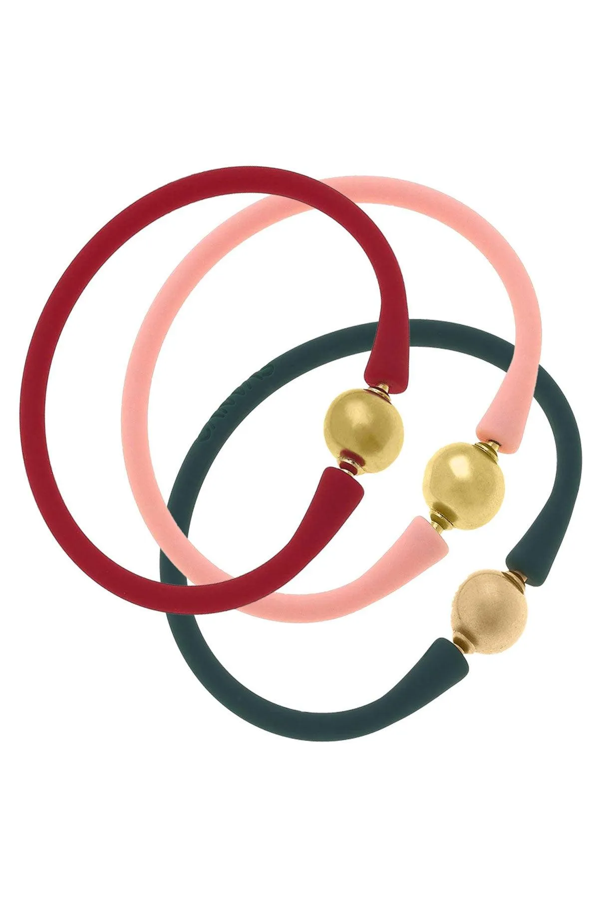 Bali 24K Gold Silicone Bracelet Holiday Stack of 3 in Red, Light Pink & Hunter Green sold by Canvas Style