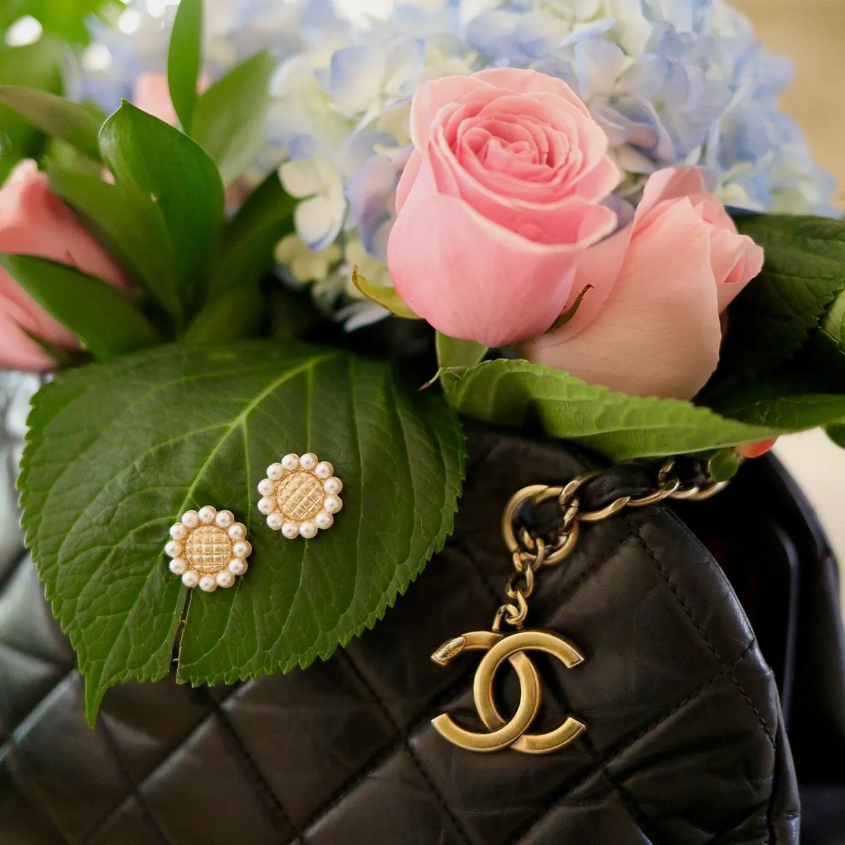 Brett Pearl & Quilted Metal Flower Stud Earrings in Worn Gold sold by Canvas Style product image thumbnail 2