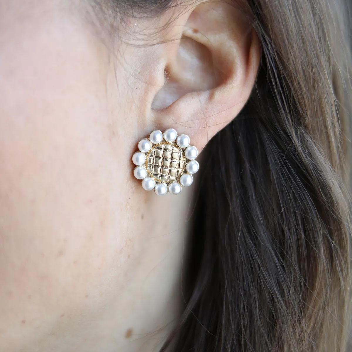 Brett Pearl & Quilted Metal Flower Stud Earrings in Worn Gold sold by Canvas Style product image thumbnail 3