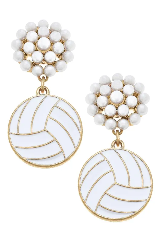 Volleyball Pearl Cluster Enamel Drop Earrings in White sold by Canvas Style