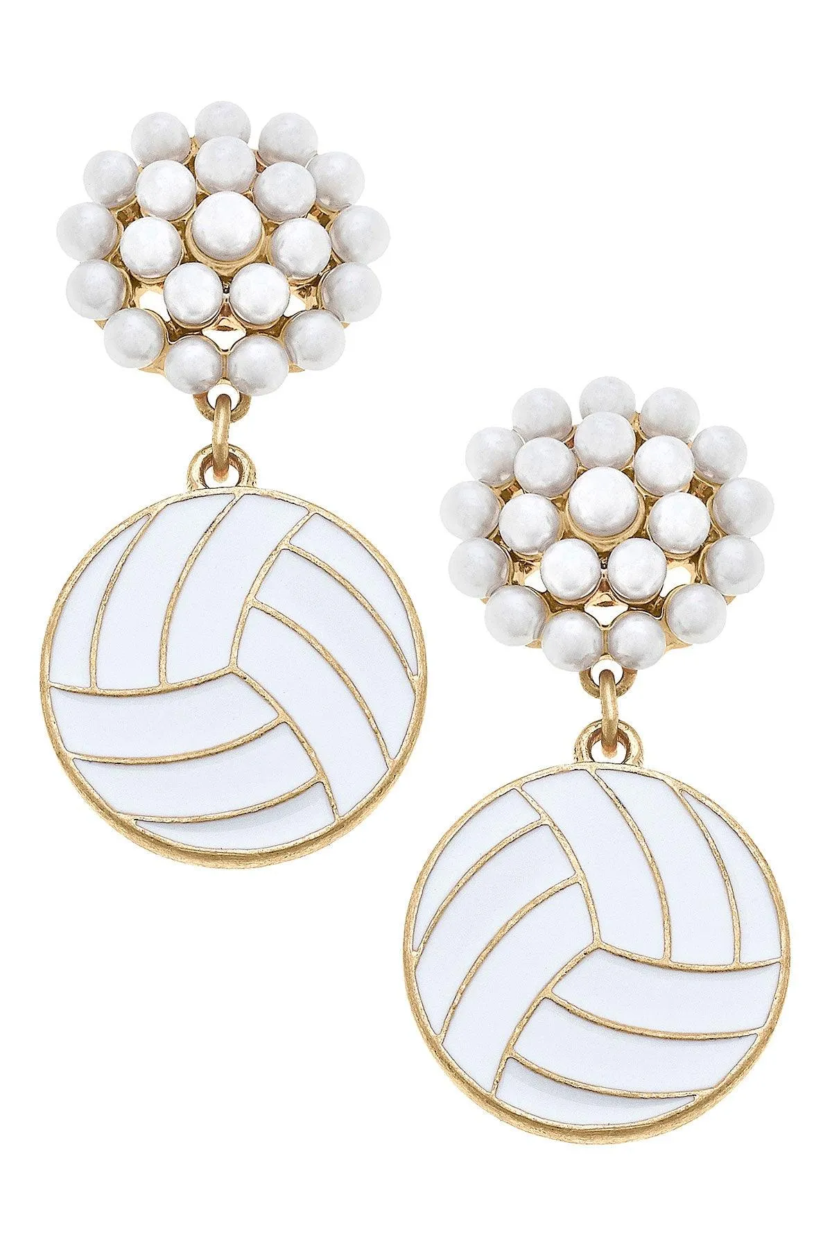 Volleyball Pearl Cluster Enamel Drop Earrings in White sold by Canvas Style